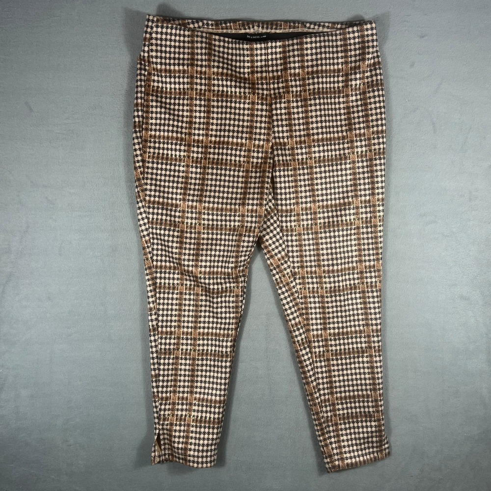 Zac & Rachel Woman Pants 1X Brown Houndstooth Plaid Slim Ankle Gold Metallic